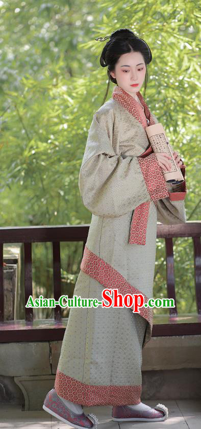 Chinese Han Dynasty Young Lady Clothing Ancient Noble Woman Costume Traditional Han Fu Curving Front Robe Grey Dress