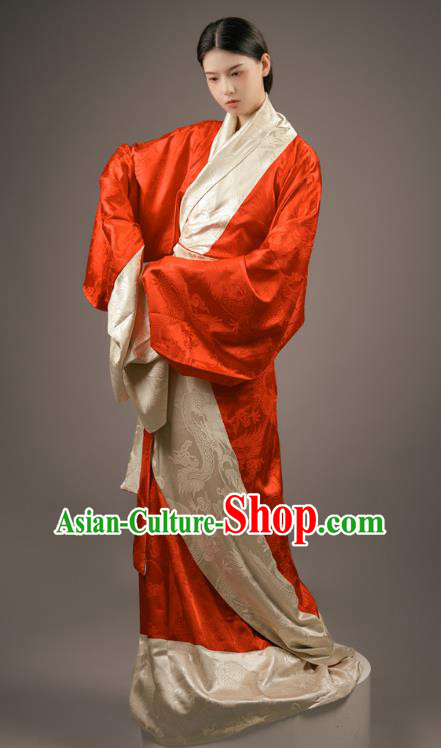 Chinese Traditional Han Fu Straight Front Robe Red Dress Han Dynasty Court Maid Clothing Ancient Palace Lady Costume