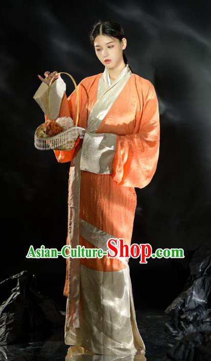 Chinese Traditional Han Fu Curving Front Robe Qin Dynasty Empress Garment Costume Ancient Palace Lady Orange Dress