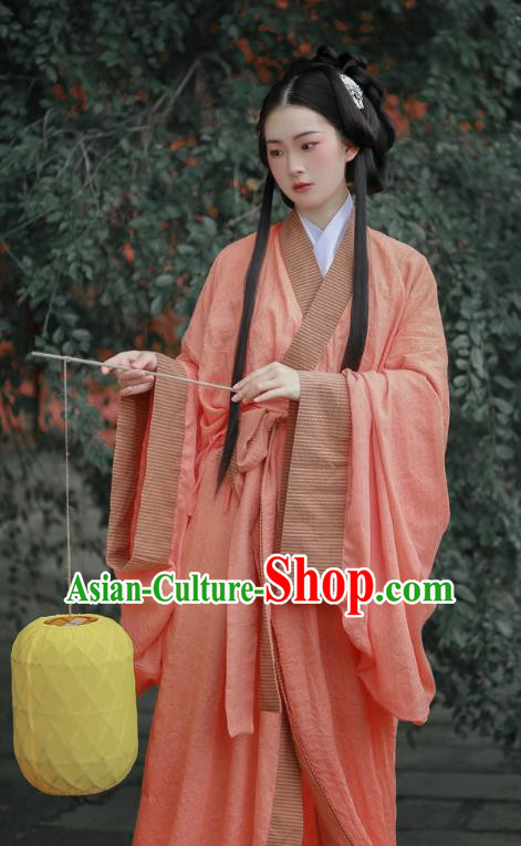 Chinese Qin Dynasty Princess Garment Costume Ancient Young Beauty Pink Dress Traditional Han Fu Straight Front Robe