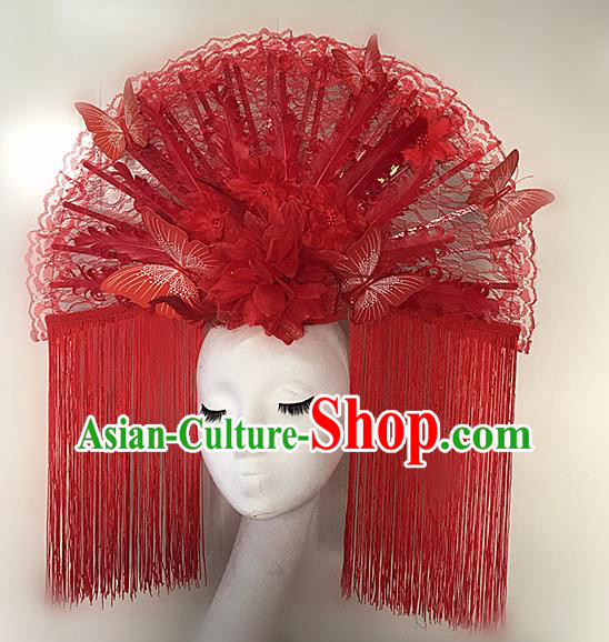 Chinese Stage Performance Deluxe Crown Handmade Red Lace Headdress Butterfly Tassel Headwear