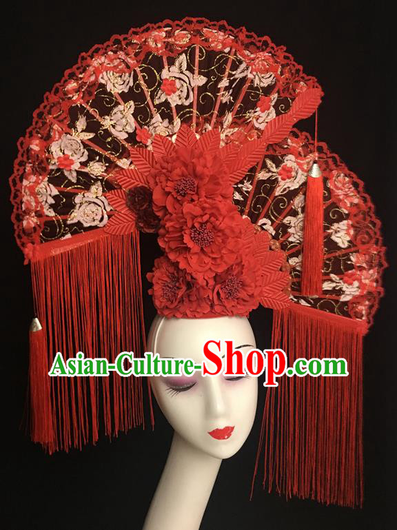 Chinese Stage Performance Lace Fans Crown Handmade Red Peony Headdress Top Tassel Headwear