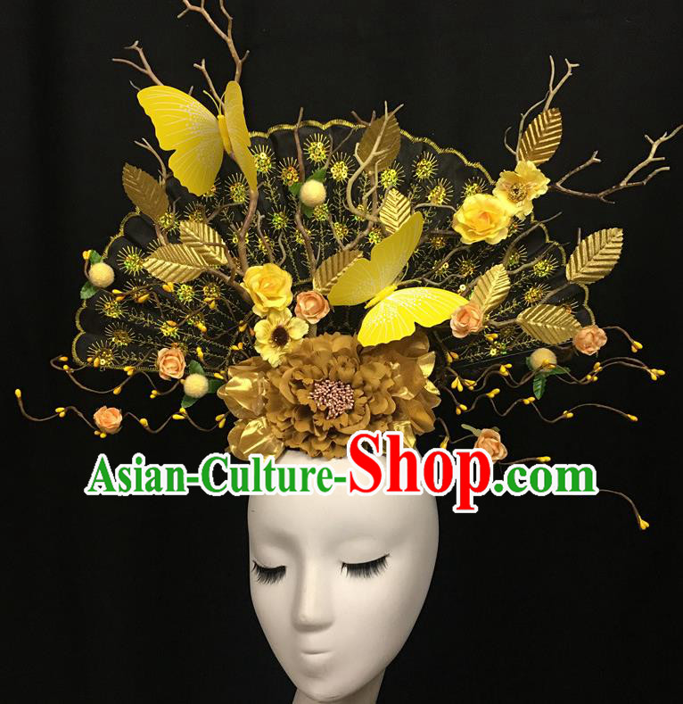 Handmade Stage Performance Golden Fan Crown Lace Fan Headdress Cheongsam Catwalk Headwear