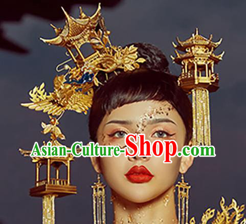 Chinese Handmade Stage Show Headdress Top Model Contest Hair Accessories Catwalks Golden Palace Headpieces
