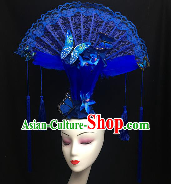 Chinese Model Contest Crown Catwalks Blue Flowers Headpiece Handmade Stage Show Headdress