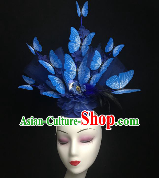 Chinese Handmade Stage Show Headdress Model Contest Crown Catwalks Blue Butterfly Headpiece