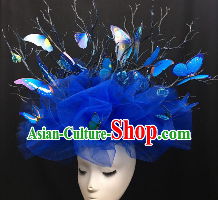 Chinese Catwalks Blue Butterfly Headpiece Handmade Stage Show Headdress Model Contest Veil Crown