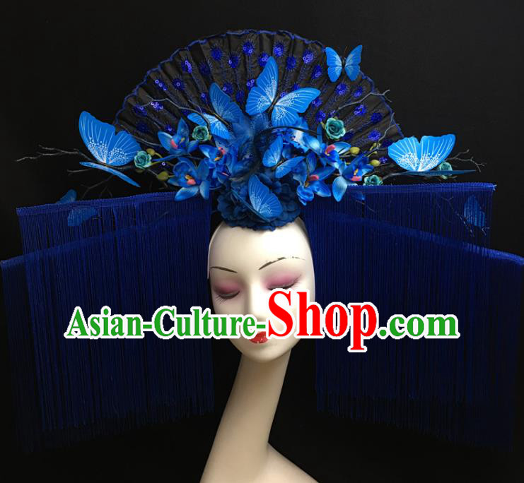 Chinese Model Contest Deluxe Tassel Crown Catwalks Blue Butterfly Headpiece Handmade Stage Show Headdress