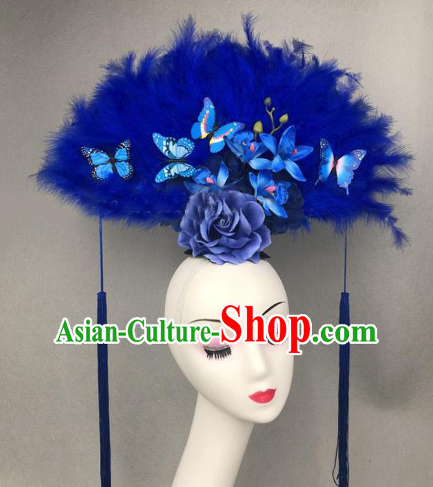 Chinese Catwalks Blue Feather Headpiece Handmade Stage Show Headdress Model Contest Deluxe Crown
