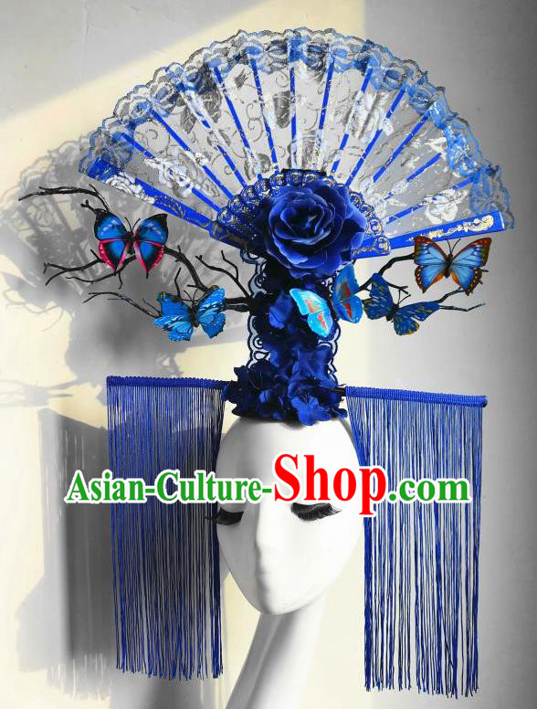 Chinese Catwalks Deluxe Tassel Headpiece Handmade Stage Show Headdress Model Contest Blue Lace Fan Crown