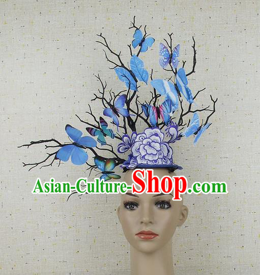 Chinese Catwalks Blue Butterfly Branch Headpiece Handmade Stage Show Headdress Model Contest Crown