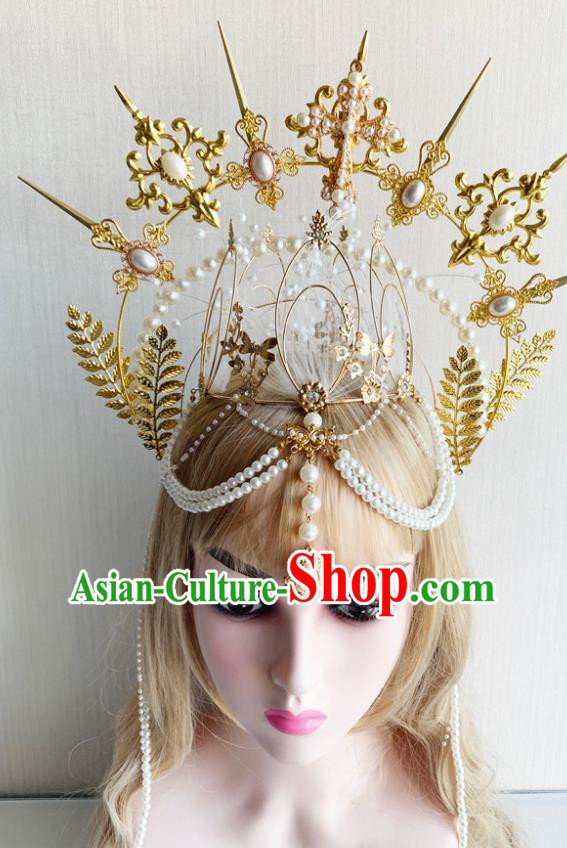 Top Catwalks Queen Golden Crown Handmade Goddess Hair Jewelry Stage Show Headpieces