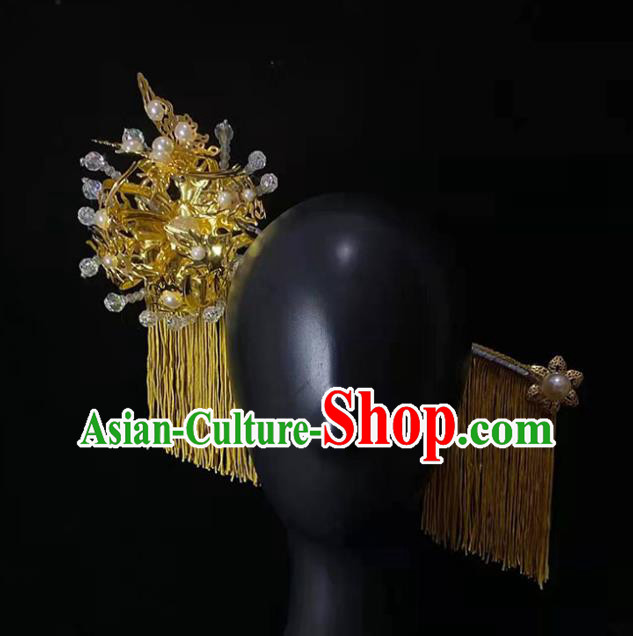 Chinese Stage Performance Golden Deluxe Hairpins Modern Fancywork Headdress