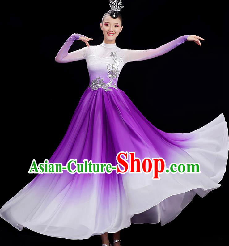 Chinese Women Group Chorus Clothing Umbrella Dance Costume Spring Festival Gala Dance Purple Dress