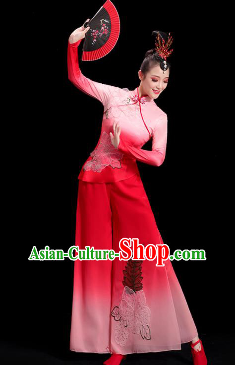 China Women Group Stage Show Red Uniform National Yangko Dance Costume Folk Dance Fan Dance Clothing