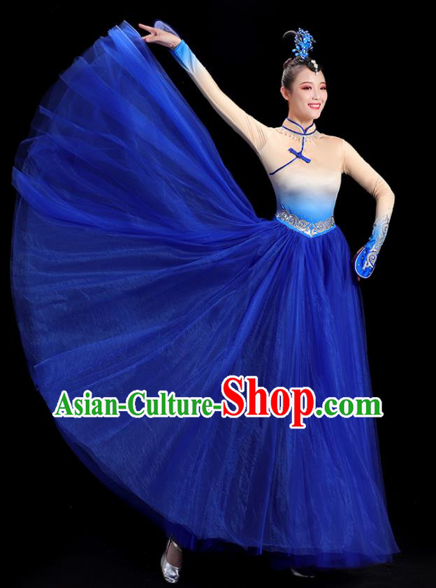 China Women Group Stage Show Royal Blue Dress Yangko Dance Costume Mongolian Ethnic Dance Fashion Opening Dance Clothing