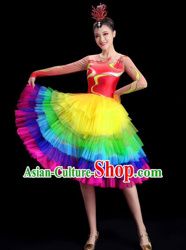 China Group Stage Show Rainbow Short Dress National Game Opening Dance Costume Modern Dance Clothing