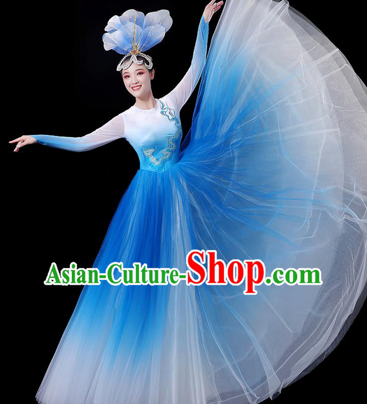 China Women Group Flower Performance Clothing Stage Show Fashion Modern Dance Costumes Opening Dance Blue Dress