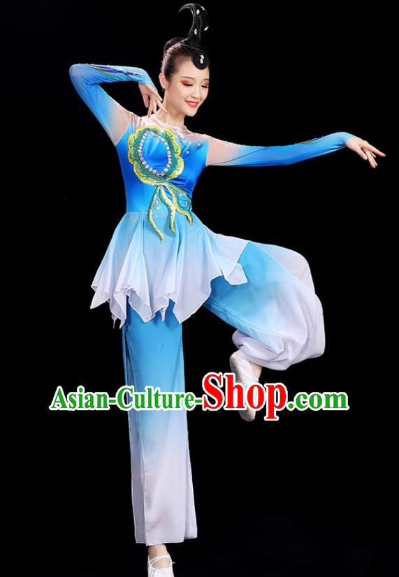 Top Women Group Stage Show Fashion Fan Dance Costume Yangko Dance Blue Outfit Folk Dance Clothing