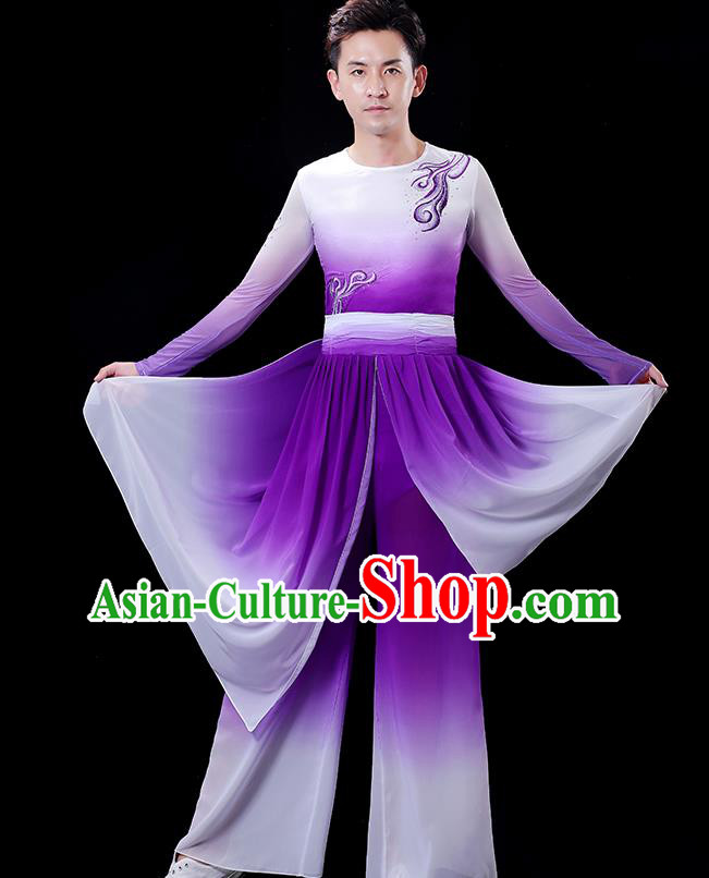 Top Male Group Fan Dance Clothing Stage Show Fashion Drum Dance Costume Folk Dance White and Purple Outfit