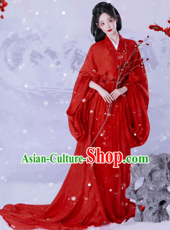 China Traditional Photography Hanfu Garments Ancient Swordswoman Costumes Jin Dynasty Young Lady Red Dresses