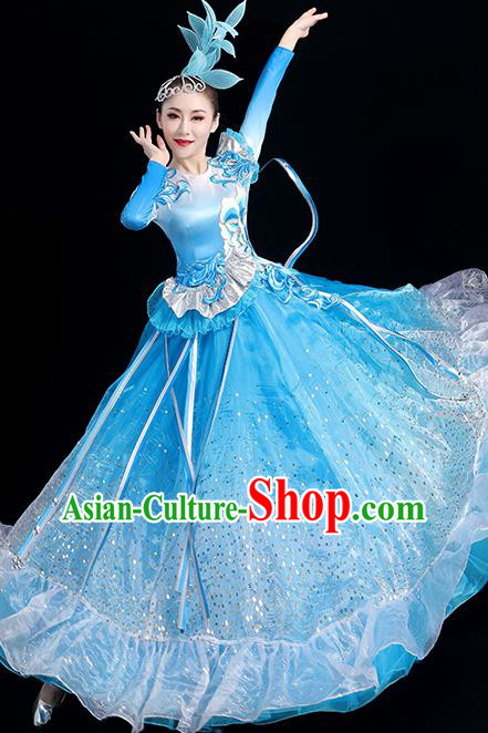 China Group Stage Performance Blue Dress Women Modern Dance Costume Opening Dance Clothing