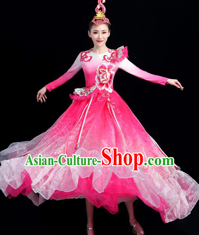 China Women Modern Dance Costume Opening Dance Clothing Group Stage Performance Pink Dress