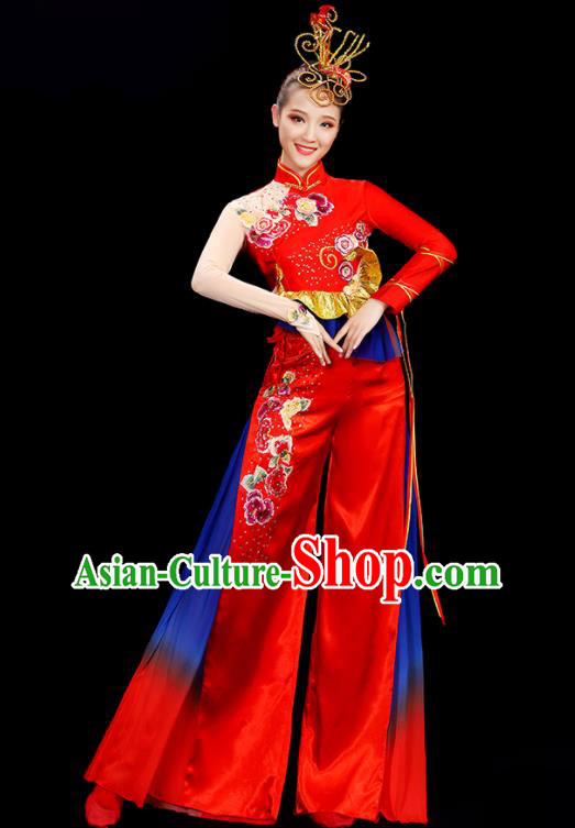 China Folk Dance Clothing Yangko Dance Red Outfit Women Group Stage Show Costume