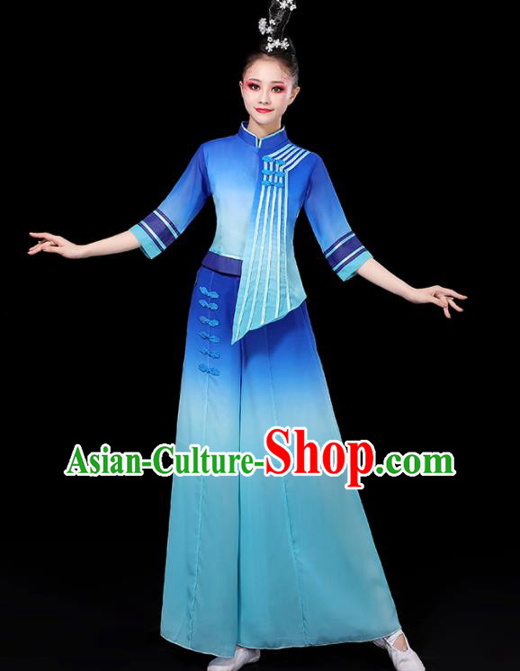 China Women Group Stage Show Costume Modern Dance Fashion Fan Dance Clothing Yangko Dance Blue Outfit