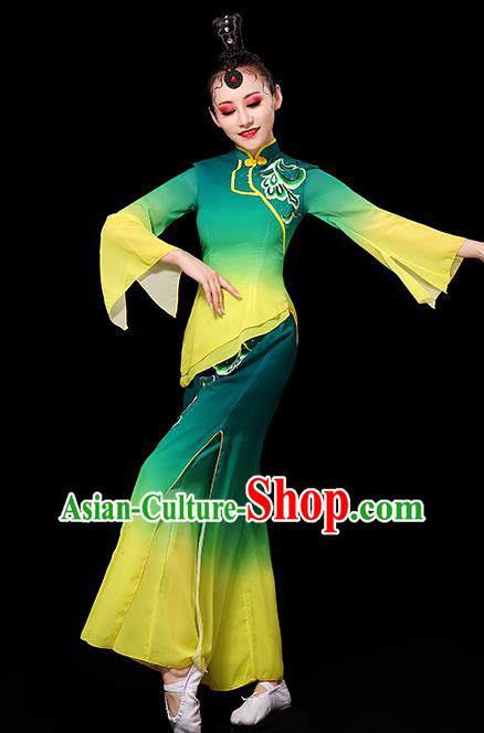 China Yangko Dance Gradient Green Yellow Outfit Women Group Stage Show Costume Modern Dance Fashion Fan Dance Clothing