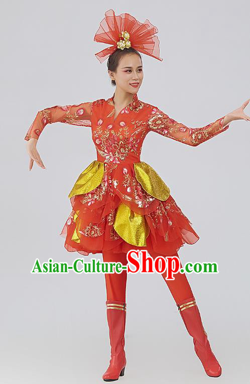 China Drum Dance Fashion Modern Dance Red Dress Women Group Yangko Dance Clothing Lantern Dance Costume