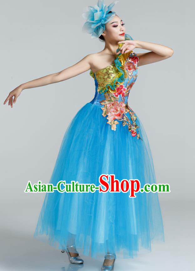Top Oriental Dance Costume Women Group Show Clothing Modern Dance Blue Dress Embroidered Peony Fashion