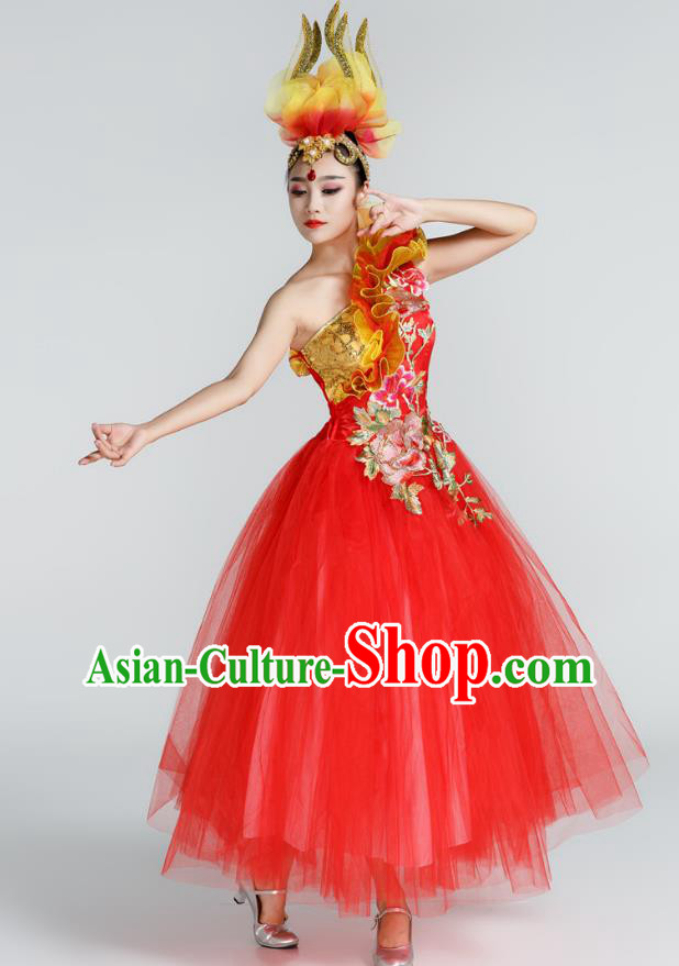 Top Modern Dance Red Dress Embroidered Peony Fashion Oriental Dance Costume Women Group Show Clothing