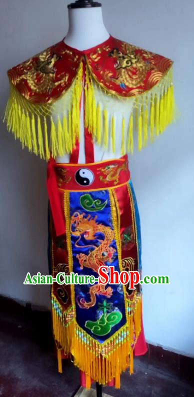 China Nuo Opera Combat Red Outfit Fiesta Parade God Embroidered Cappa and Skirt Folk Dance Immortal Clothing