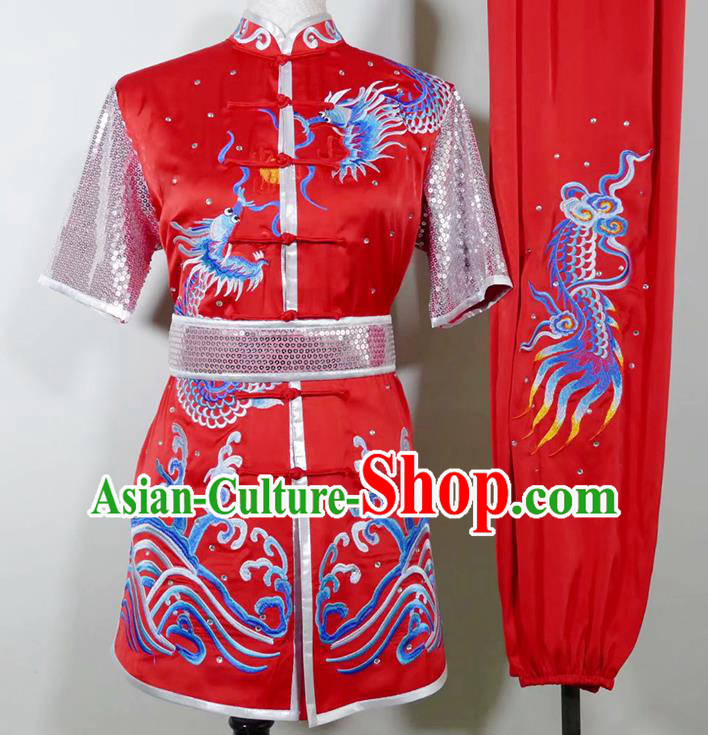 China Kung Fu Tournament Red Uniform Martial Arts Changquan Performance Costume Wushu Training Embroidered Clothing