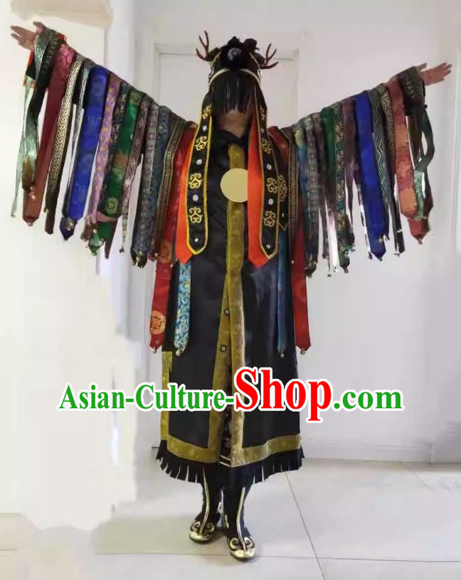 Chinese Sacrifice God Dancing Garments Witchcraft Performance Costumes and Headdress Nuo Opera Master Clothing