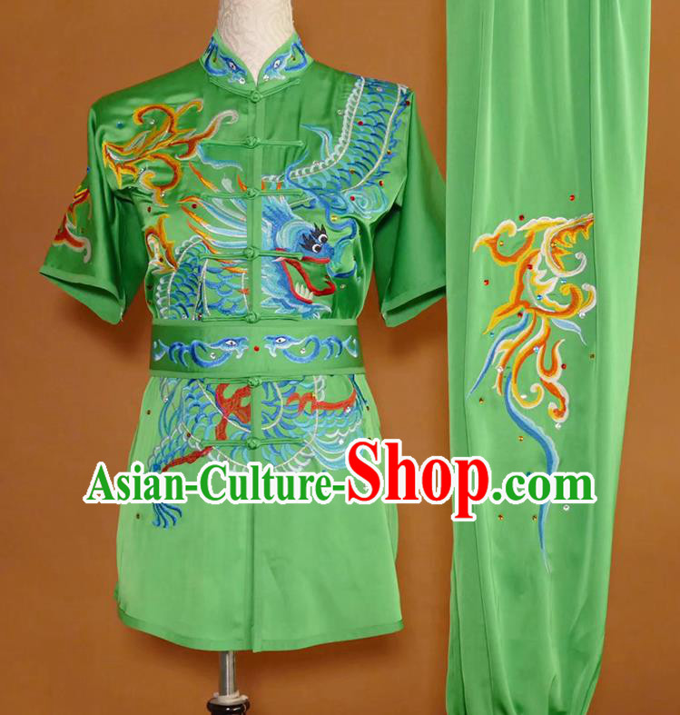 China Kung Fu Competition Green Uniform Martial Arts Performance Costume Wushu Embroidered Dragon Clothing