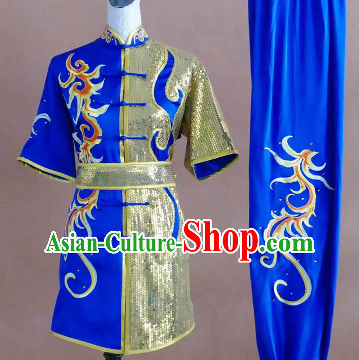 China Wushu Tournament Embroidered Clothing Kung Fu Competition Royal Blue Uniform Martial Arts Changquan Performance Costume