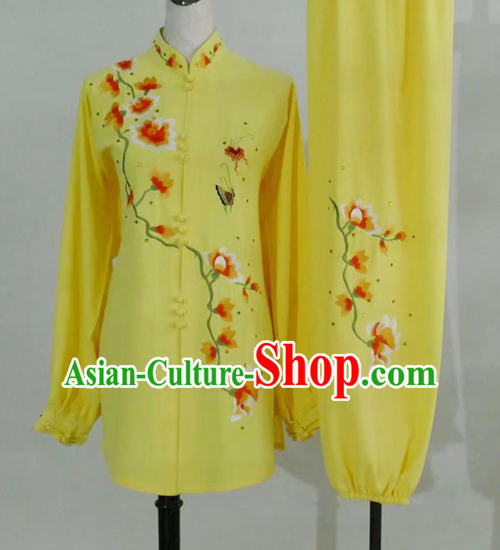 China Tai Chi Taiji Tournament Embroidered Clothing Kung Fu Competition Yellow Uniform Martial Arts Performance Costume