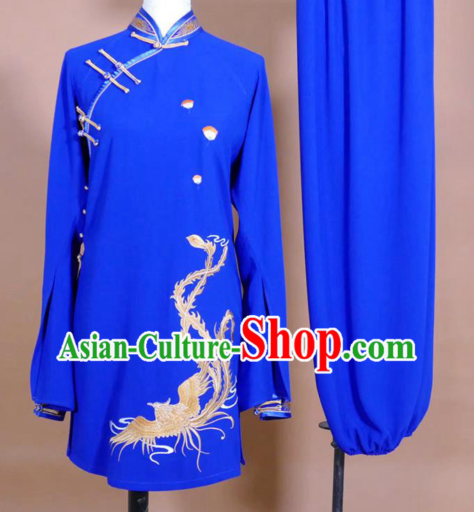 China Taijiquan Training Embroidered Phoenix Clothing Kung Fu Tournament Blue Uniform Martial Arts Costume Female Tai Chi Performance Outfit