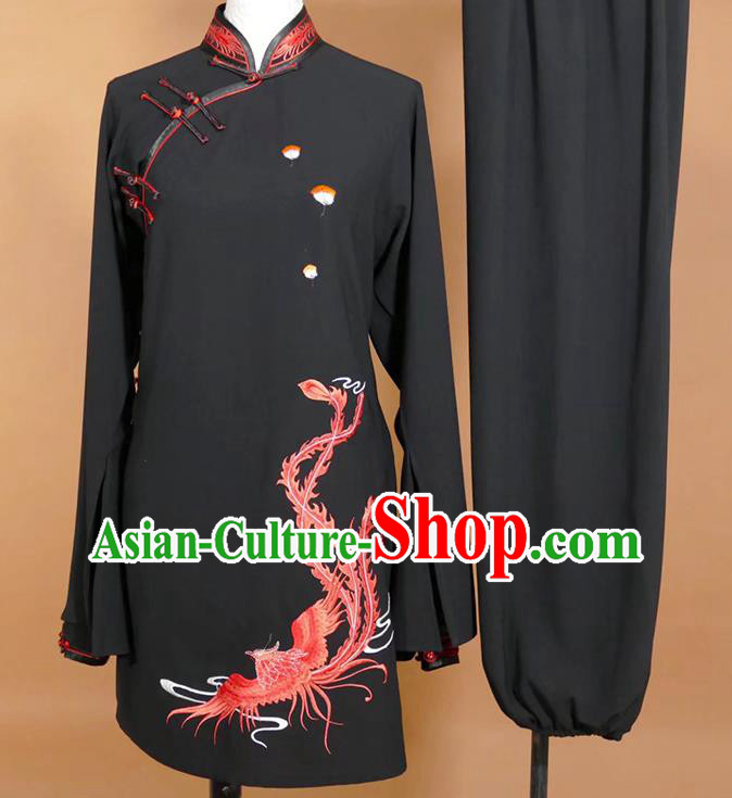 China Female Tai Chi Performance Outfit Taijiquan Training Embroidered Phoenix Clothing Kung Fu Tournament Black Uniform Martial Arts Costume