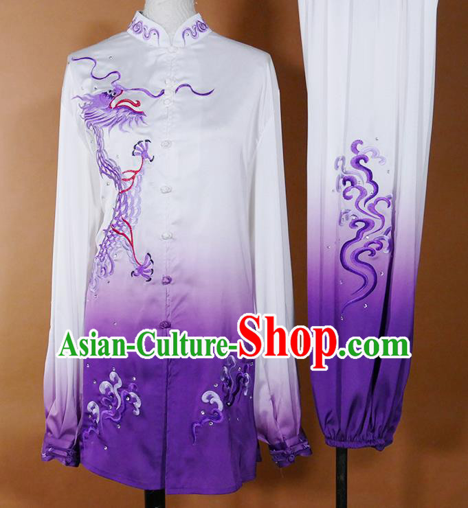China Martial Arts Costume Tai Chi Performance Outfit Taijiquan Training Embroidered Dragon Clothing Kung Fu Tournament Purple Uniform
