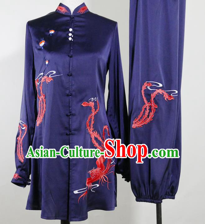 China Tai Chi Training Embroidered Phoenix Clothing Female Kung Fu Tournament Navy Uniform Martial Arts Performance Costume