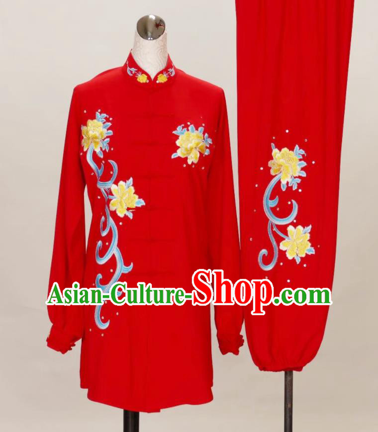 China Female Kung Fu Tournament Red Uniform Martial Arts Performance Costume Tai Chi Training Embroidered Peony Clothing