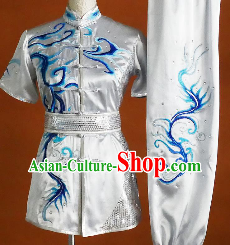 China Kung Fu Silver Uniform Martial Arts Performance Costume Swordsmanship Changquan Competition Clothing