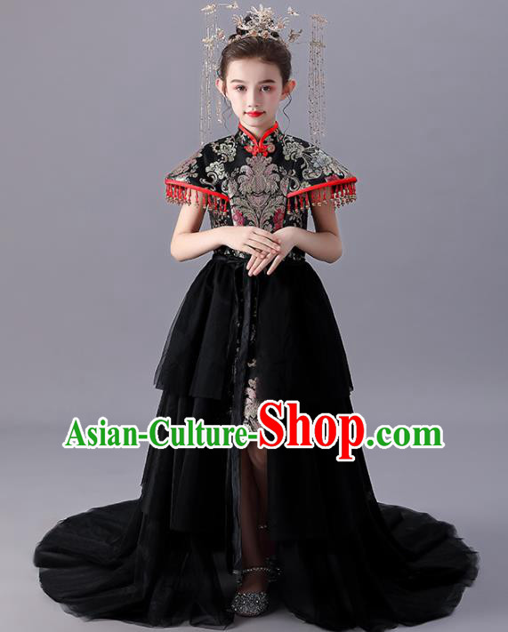 China Traditional Stage Show Costume Girl Catwalks Black Qipao Dress Children Day Performance Clothing