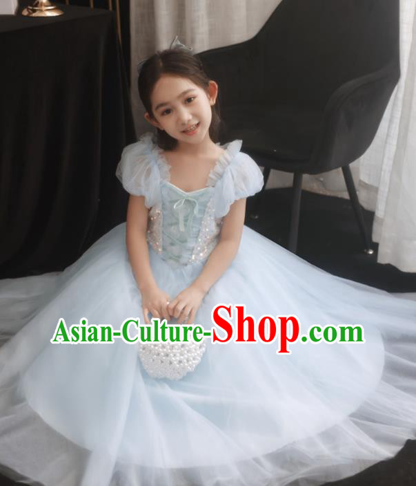 Princess Birthday Light Blue Dress Top Model Contest Fashion Children Day Performance Clothing Girl Catwalks Costume