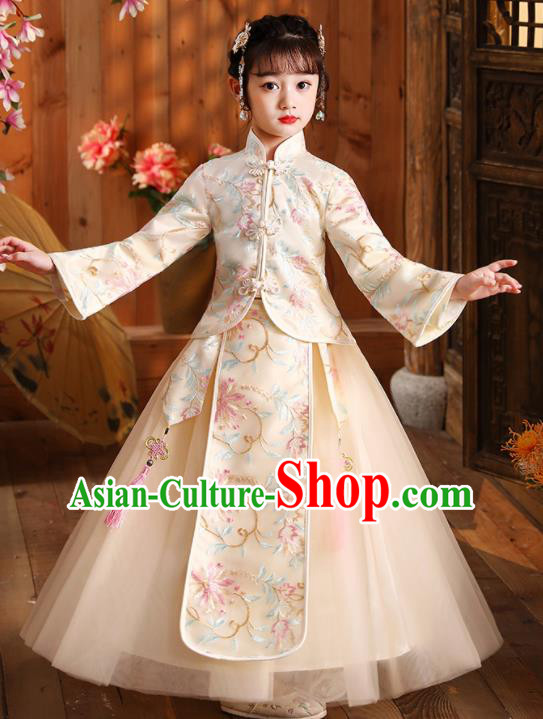 Children Day Performance Hanfu Clothing Girl Stage Show Costumes Chinese Folk Dance Fashion Kid Champagne Blouse and Skirt