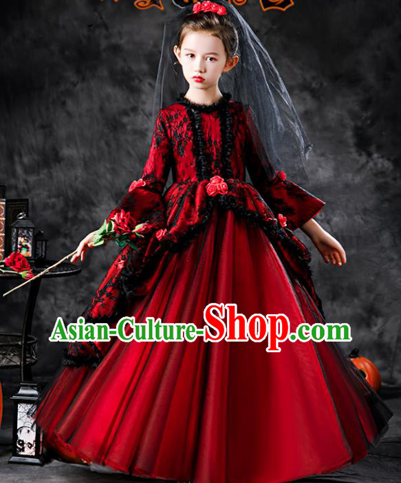 Kid Red Full Dress Children Day Performance Clothing Girl Stage Show Costumes Ballroom Dance Fashion