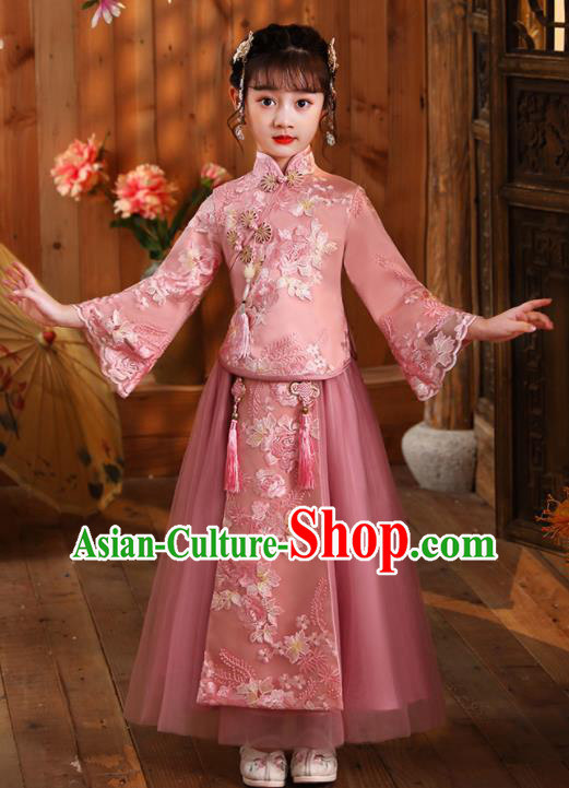 Girl Stage Show Costumes Chinese Folk Dance Fashion Kid Dark Pink Blouse and Skirt Children Day Performance Hanfu Clothing